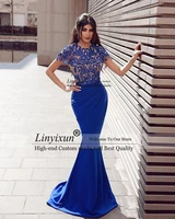 sexy royal blue mermaid prom dresses saudi arabia cap sleeve evening dress crystal robe de soiree short sleeve prom party gowns