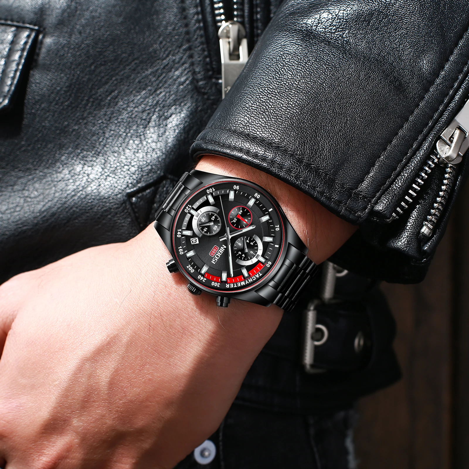 

NIBOSI Men Watch Luxury Multifunction Chronograph 24 Hours Display Wristwatch Casual Waterproof Calendar Full Steel Watch