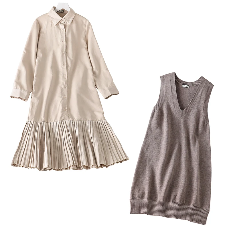 

Two Piece Sweater Dress Vintage Korean Long Sleeve Shirt Dress and Knitted Long Vest Streetwear Plus Size Loose Dress Vestidos