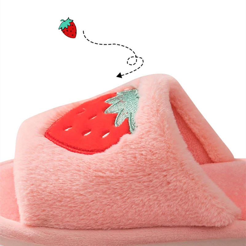 Cute Cartoon Fruit Pattern Home Women Fur Slippers Winter Plush Ladies Flats Shoes Strawberry Pineapple Furry Female | Обувь