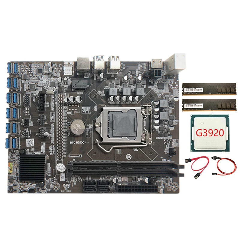 

B250C Mining Motherboard with G3920 CPU+2XDDR4 4G 2133Mhz RAM+SATA Cable+Switch Cable 12XPCIE to USB3.0 Card Slot Board