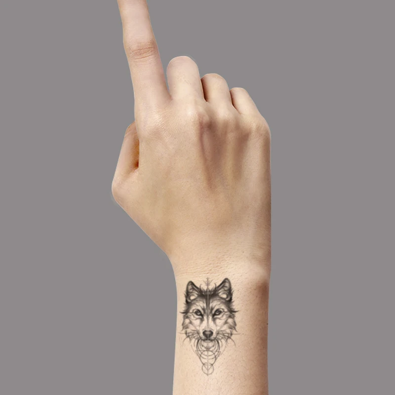 

Realistic Wolf Head Geometric Line Temporary Tattoos Sticker Black Beard Small Size Tattoo Body Art Wrist Fake Tatoos Women Men