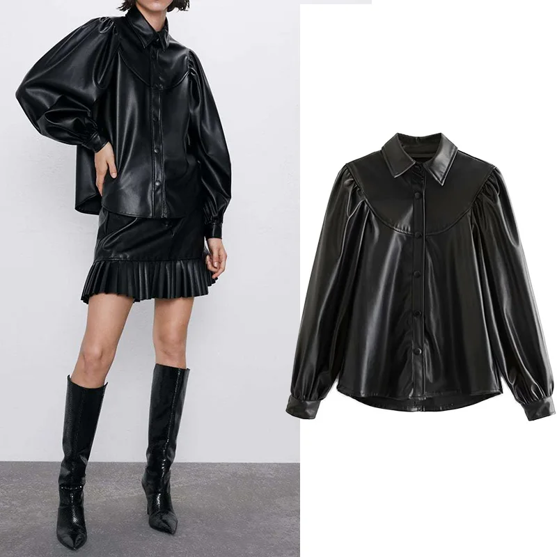 Женская кожаная блузка из ПУ кожи размера плюс черные женские топы и блузы с