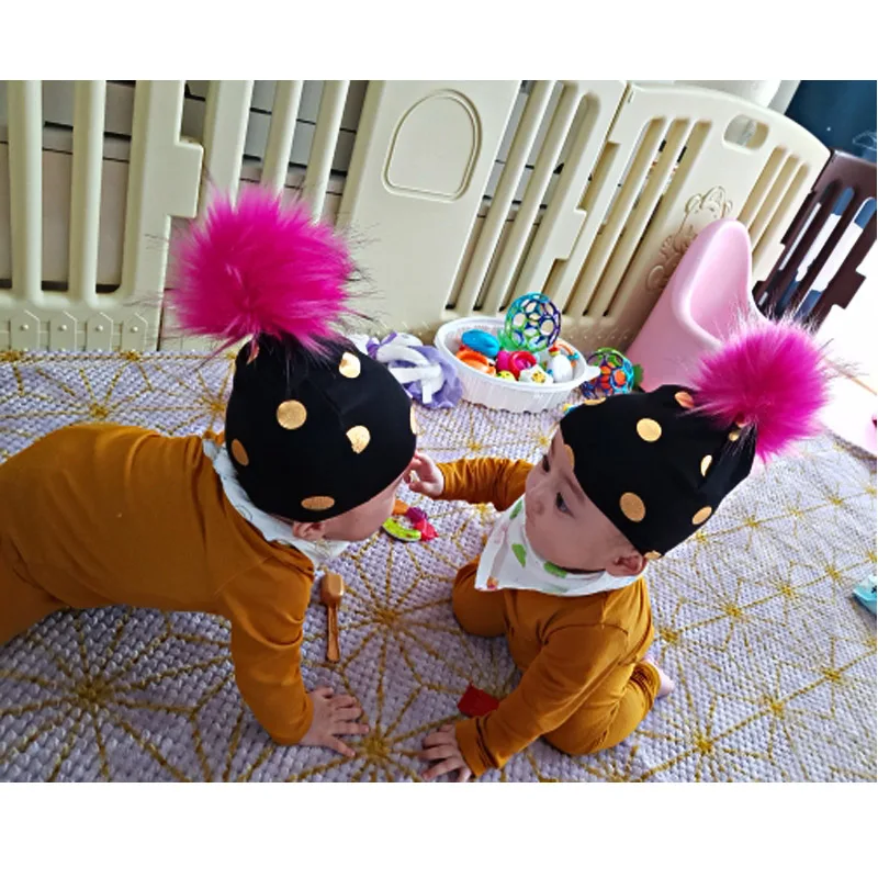 GZHilovingL Brand Newborn Kids Baby Boys Girls Warm Winter Spotted Cotton Beanie Fur Pom Pom Bobble Hat Cap Winter Warm Hat