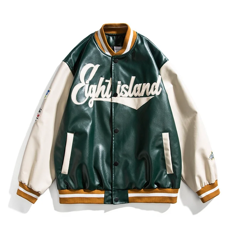 

West Coast men's PU baseball uniform hip hop Harajuku bf style leather jacket oversize retro trend brand bomber jacket coat