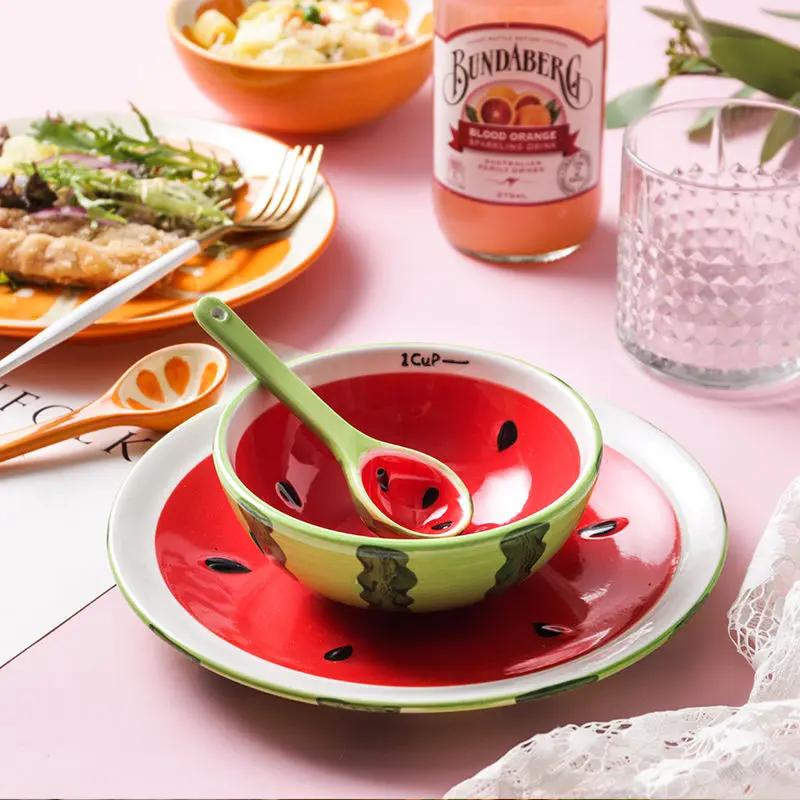 Creative Hand-painted Tableware Ceramic Dessert Watermelon Fruit Bowl Cute Cartoon Cup Set Home Salad Rice | Дом и сад