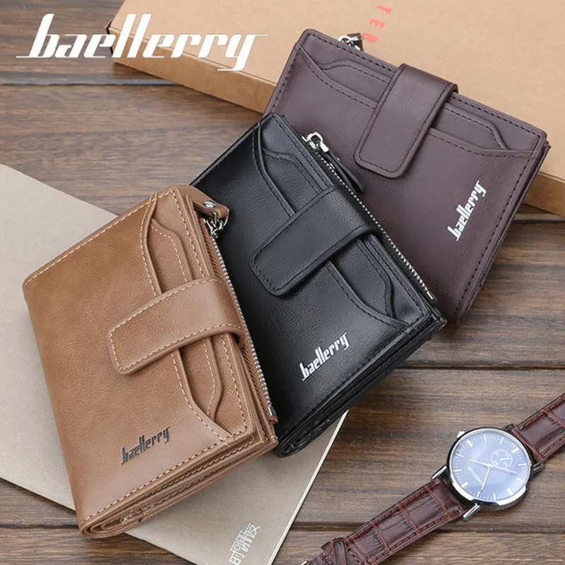 

Baellerry Men's Fashion Short Wallet Zipper Leather Multi-function Multi Card Clip High Quality Classic Solid Color Men's Wallet
