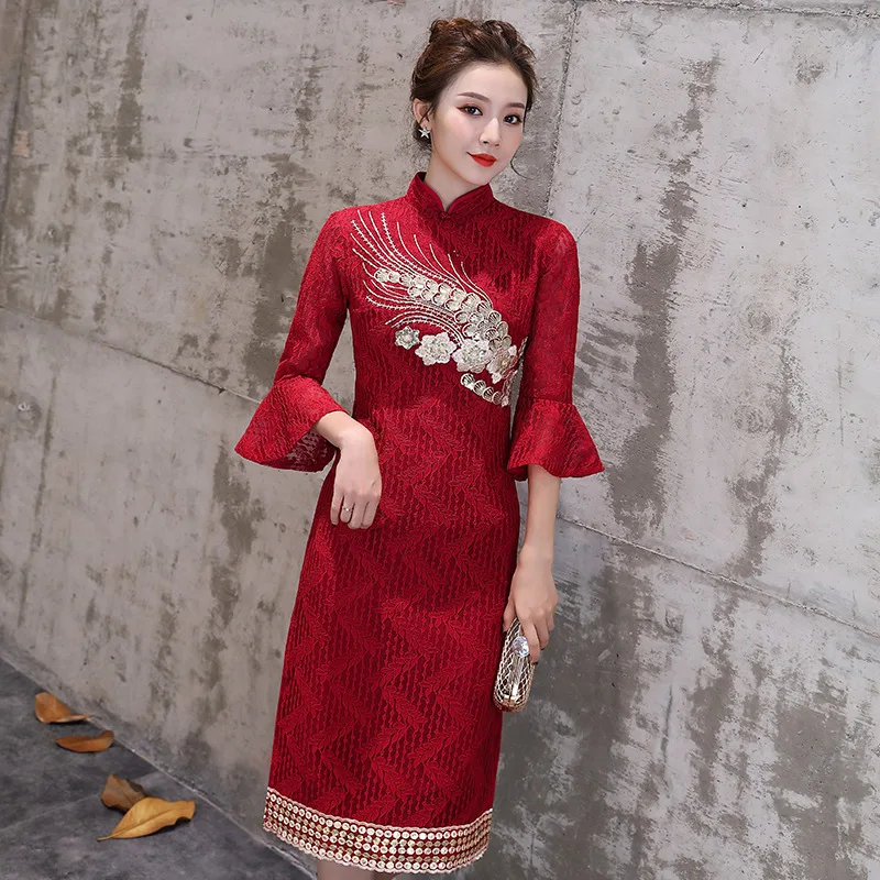 

Женское прямое платье с аппликацией, элегантное платье-Ципао с расклешенными рукавами, платье в китайском стиле для свадебной вечеринки, зи...