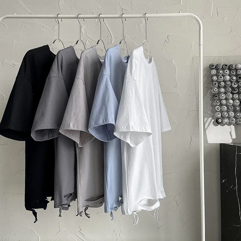 

Summer Short-sleeved T-shirt Men's Fashion Multicolor Casual Ripped T-shirt Men Streetwear Loose Hip-hop Hole Tshirt Mens Tops