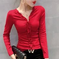 pure cotton slim long sleeve t shirt shirt autumn winter clothes niche fashion new v neck pleated solid color bottomed women