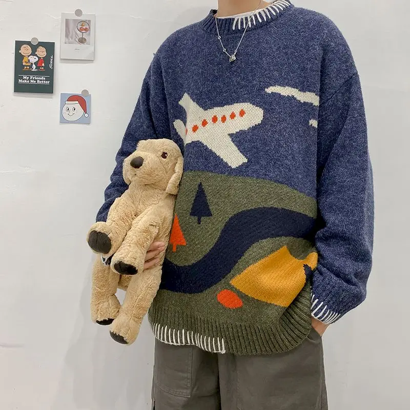 

Мужской свитер с круглым вырезом, мужской свитер в Корейском стиле на осень и зиму, мужской свободный трикотажный свитер контрастной расцве...