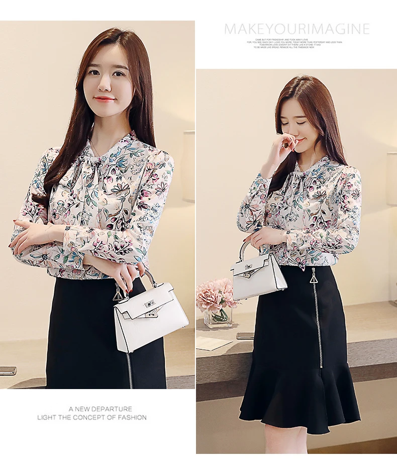 

Houthion Silk Women's Blouses Long Sleeve Top Fashion Printed Chiffon Shirt Casual New Korean Summer Blouse Button Full Bow