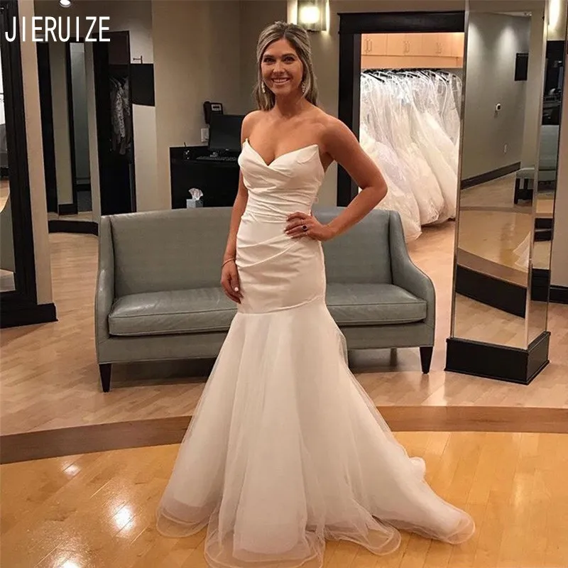 

JIERUIZE Sexy Satin Mermaid Wedding Dresses Strapless Backless With Ruched Bride Dresses Robe De Mariee Summer Wedding Gowns