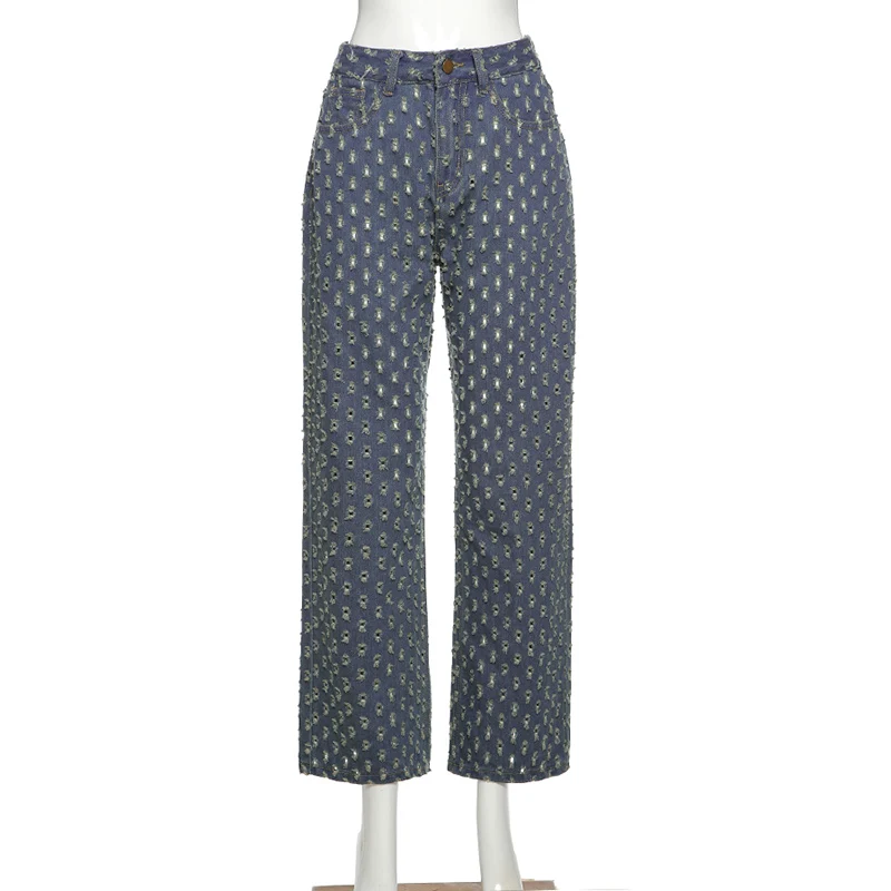 

Fashion Plaid Hollow Out Hip Hop Pants Women's Jeans Club 2021 Y2K High Waist Loose Street Style Demin Color Pants Mujer High