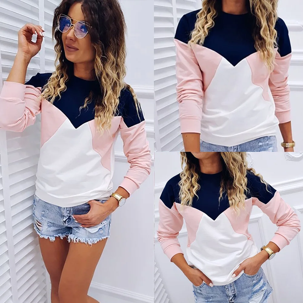 Женские топы и рубашки с круглым вырезом розовые белые Лоскутные Топы длинными