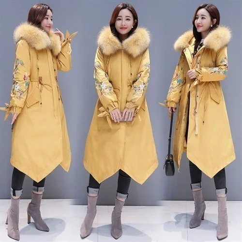 real hair yellow Одежда в китайском национальном стиле, пуховое хлопковое пальто, женская зимняя куртка с воротником из натурального меха, Женская винтажная парка с вышивкой, A613 - Цвет: real hair yellow