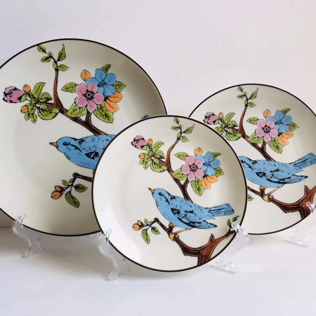 

Artistic Blue Bird Flower Creative Gift Ceramic Plate Restaurant Home Breakfast Lunch Dinner Food Serving Set Of Dishes