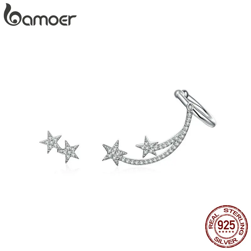 Женские асимметричные серьги гвоздики BAMOER Star Comet прозрачные с фианитами 925 пробы