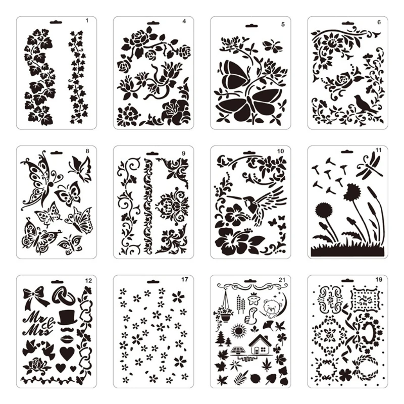 

12pcs Vividly Classic Hollow-out Butterflies Birds Flower Template Set Exquisite Flower Drawing DIY Graffiti Stencil Set