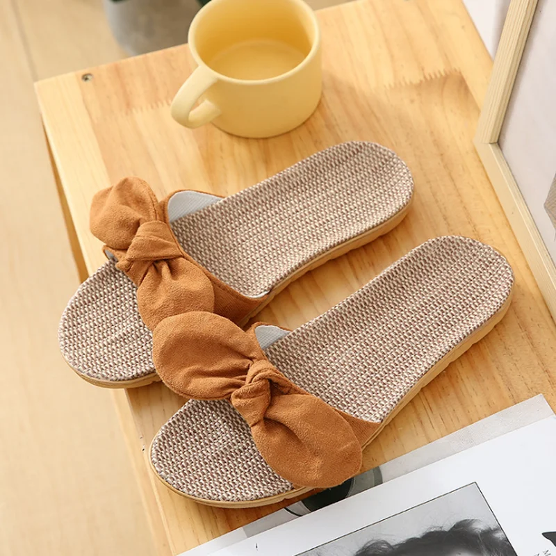 

Flat Causal Women Slippers Fashion Summer New Comfortable Bowknot Indoor Ladies Slippers Non-slip Solid Color Sweet Women Shoes