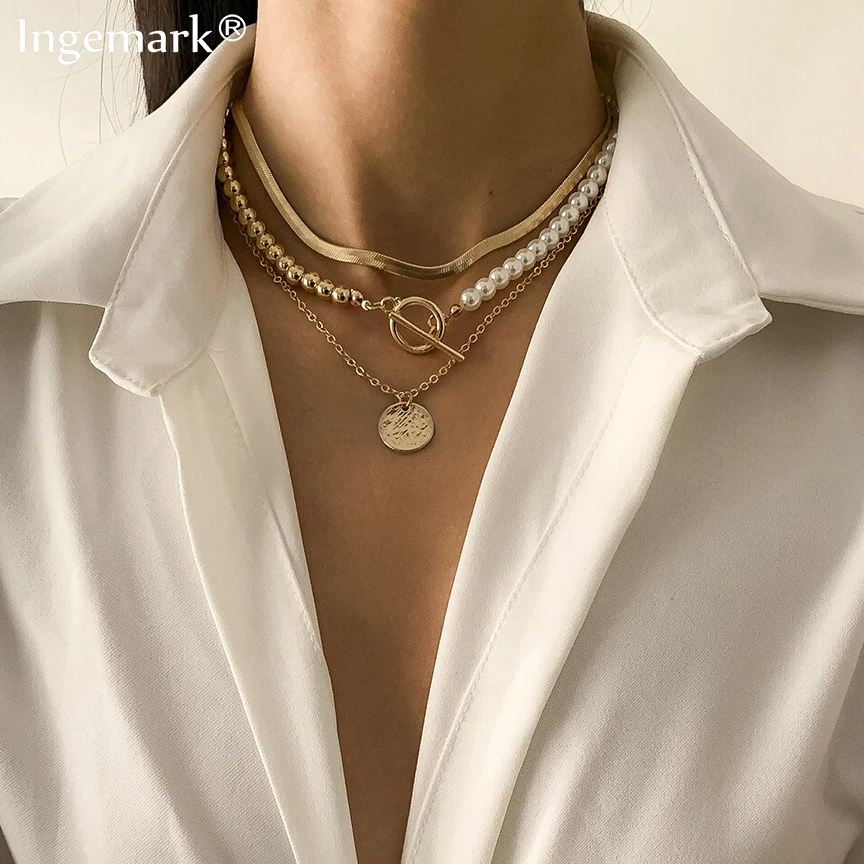 

3Pcs/Set Imitation Pearl Flat Blade Snake Chain Necklace Women Girl Wedding Coin Lariat Beads Link Choker Aesthetic Neck Jewelry