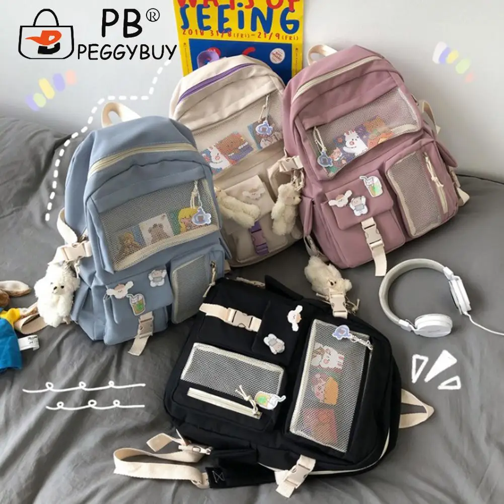 

Женские холщовые рюкзаки на плечо, большой ранец с несколькими карманами и подвеской для студентов и школы, для путешествий