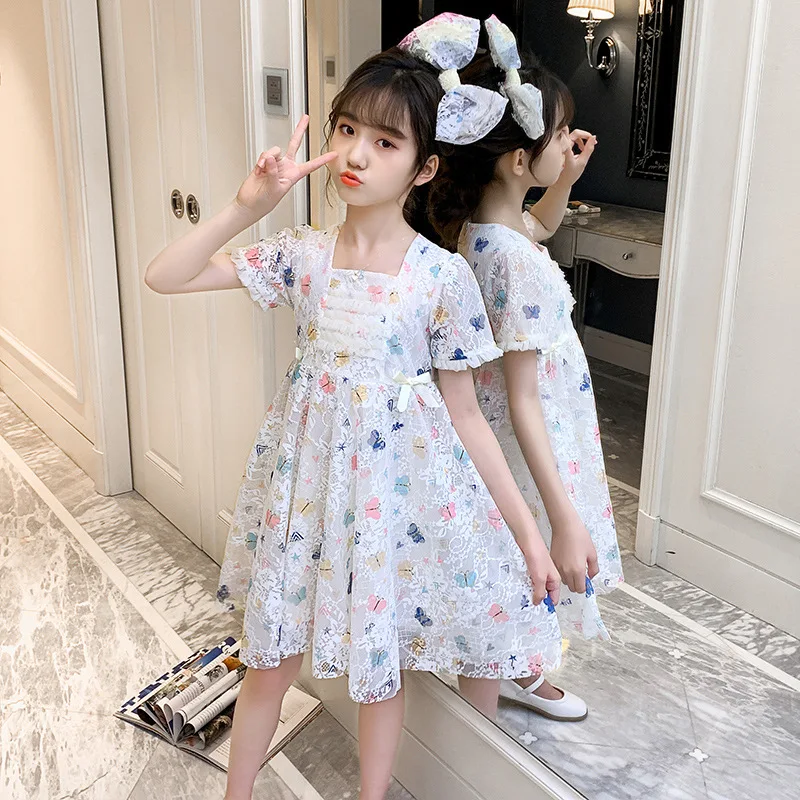 

Tz Boutique 2021 Summer New Bow Princess Dress Girls Short-sleeved Lace Skirt Girls Cartoon Dress 4 To 12 Years Old