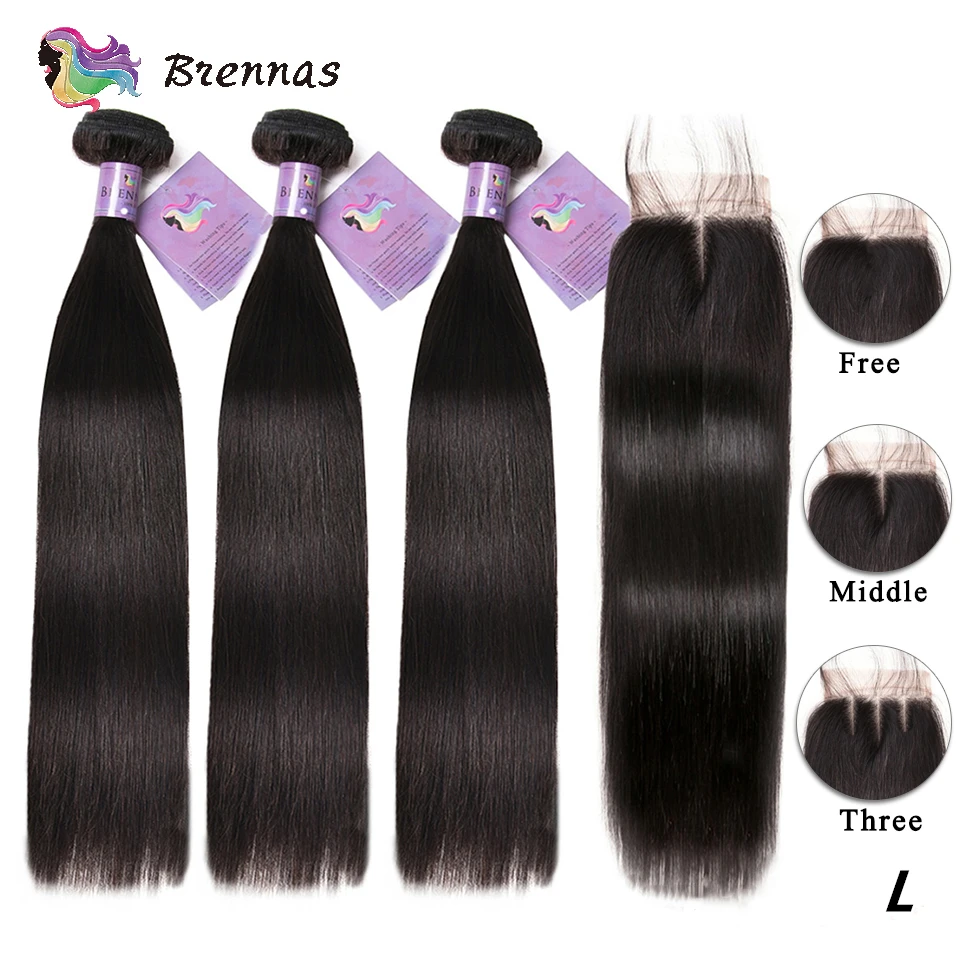 

Straight human hair bundles with closure for women Brazilian hair weaving 4x4 lace closure natural color Remy hair 8''-26''