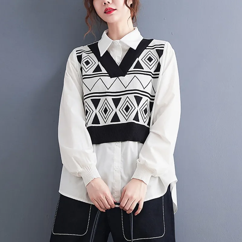 

Simulation 2 Piece Women Casual Shirts New 2021 Autumn Korean Style Patchwork Knitted Loose Female Long Sleeve Tops B1289