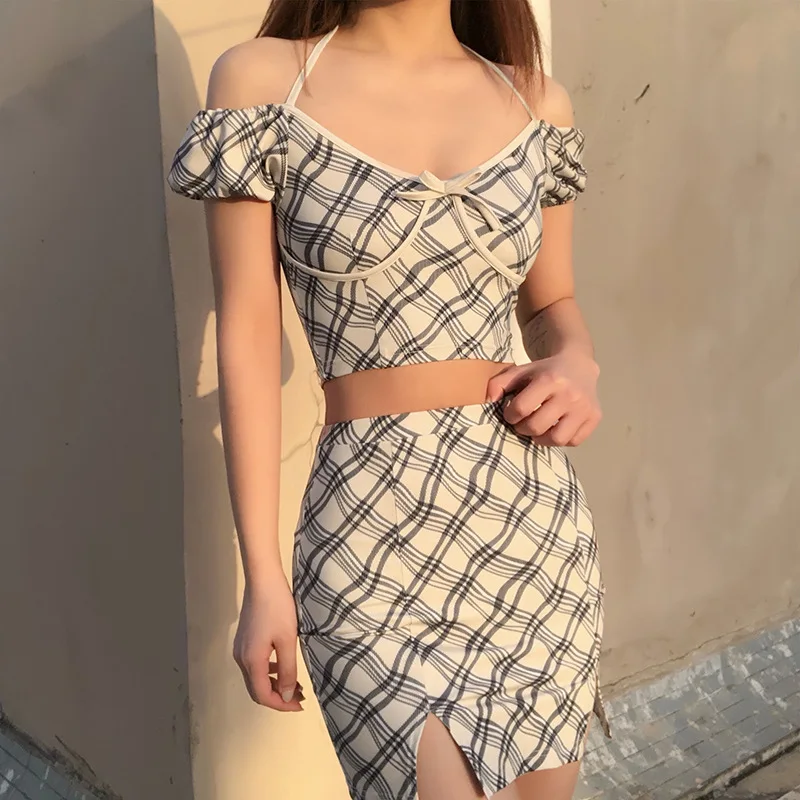 

Women Skirts Suits Plaid Split Mini Skirts Y2K Halter Crop Tops High Waist Teen Girls Sexy Summer Fashion High Street