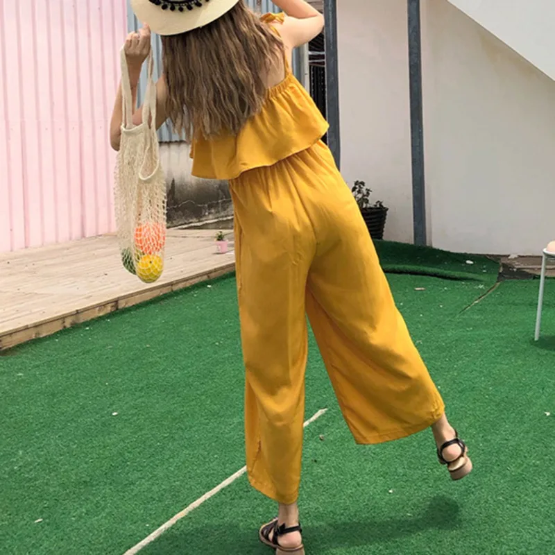 

Girl Womens Spaghetti Strap Black Jumpsuit Sexy Sleeveless Wide Leg Overalls Rompers Girls Sweet Ankle-length Pants Jumpsuits