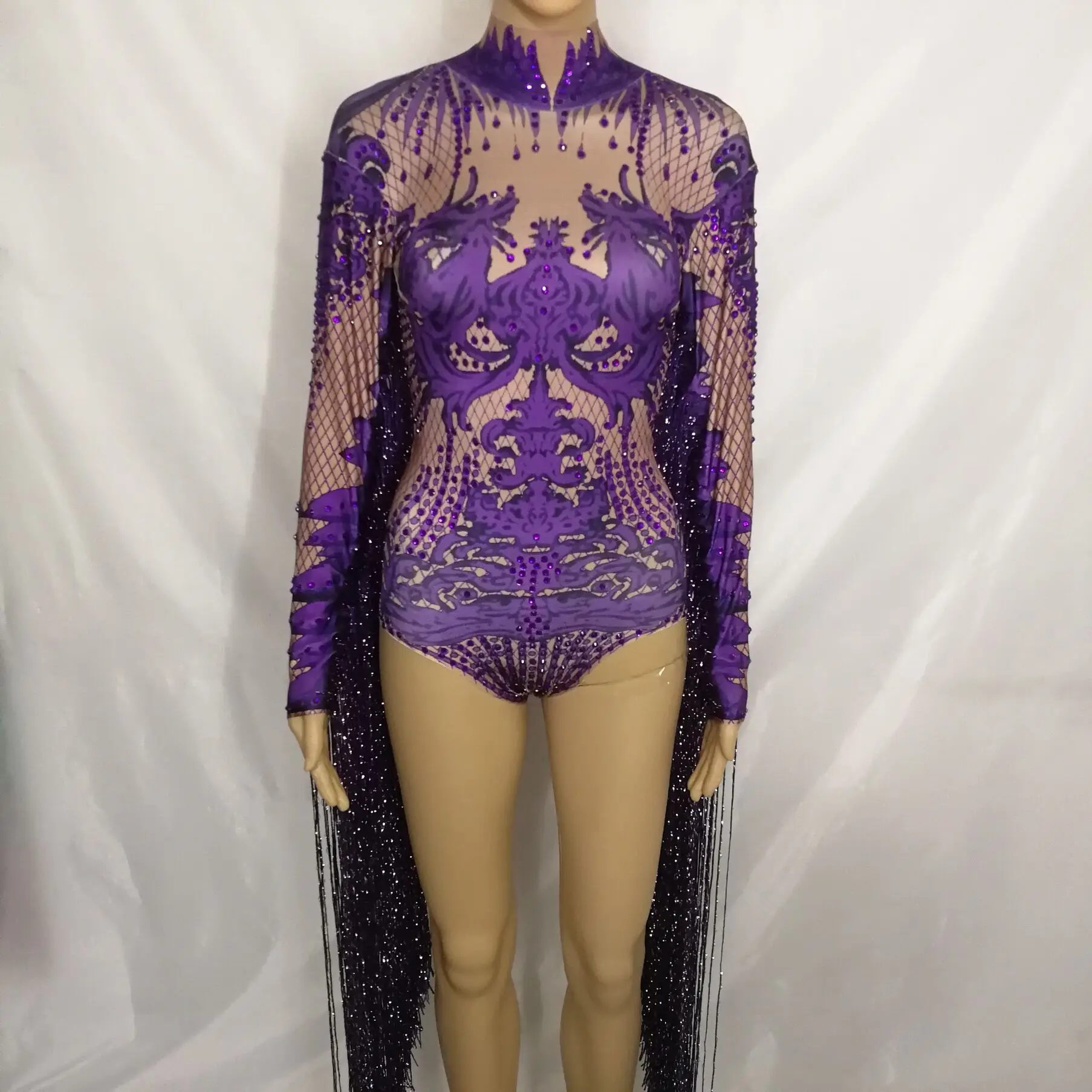 purple bodysuit only Женский комбинезон, боди, сексуальные яркие кристаллы, рыбья чешуя, блестки, камни для певицы, танцора, ночного клуба, оленя, вечерние костюмы - Цвет: purple bodysuit only
