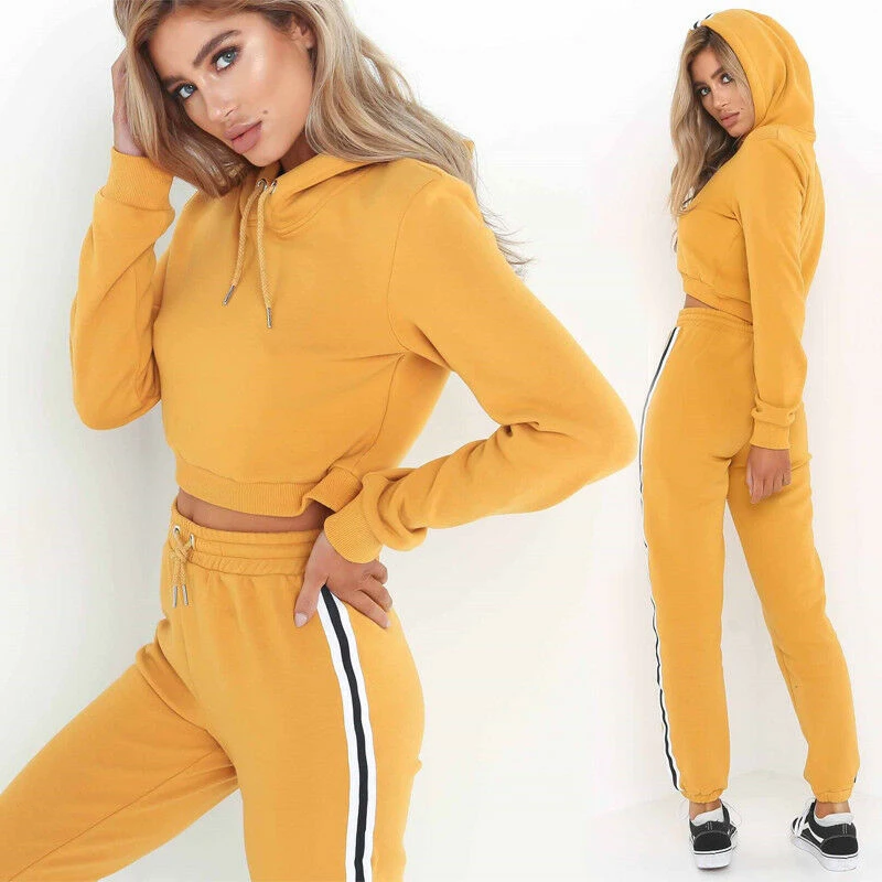 

PADEGAO Tracksuit 2pcs Women Set Hoodies Crop Top Sweatshirt+Side Stripe Pants Hooded Autumn Clothing Suits Female PDG496