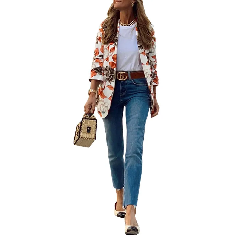 

Women Printed Hit Color Pocket Blazer New Lapel Long Sleeve Loose Fit Jacket Fashion Tide Autumn Winter 2020