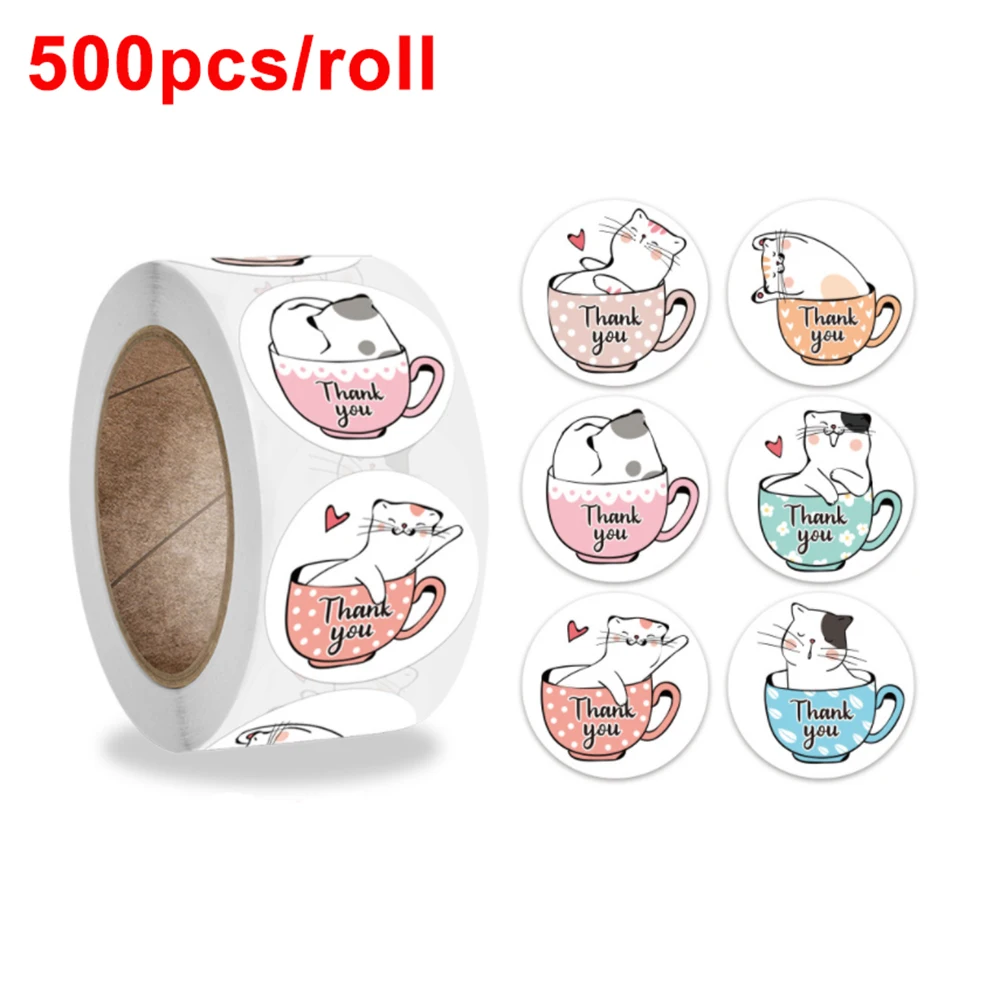 6 видов милые чашки с рисунками кошек Спасибо наклейки этикетки для печати