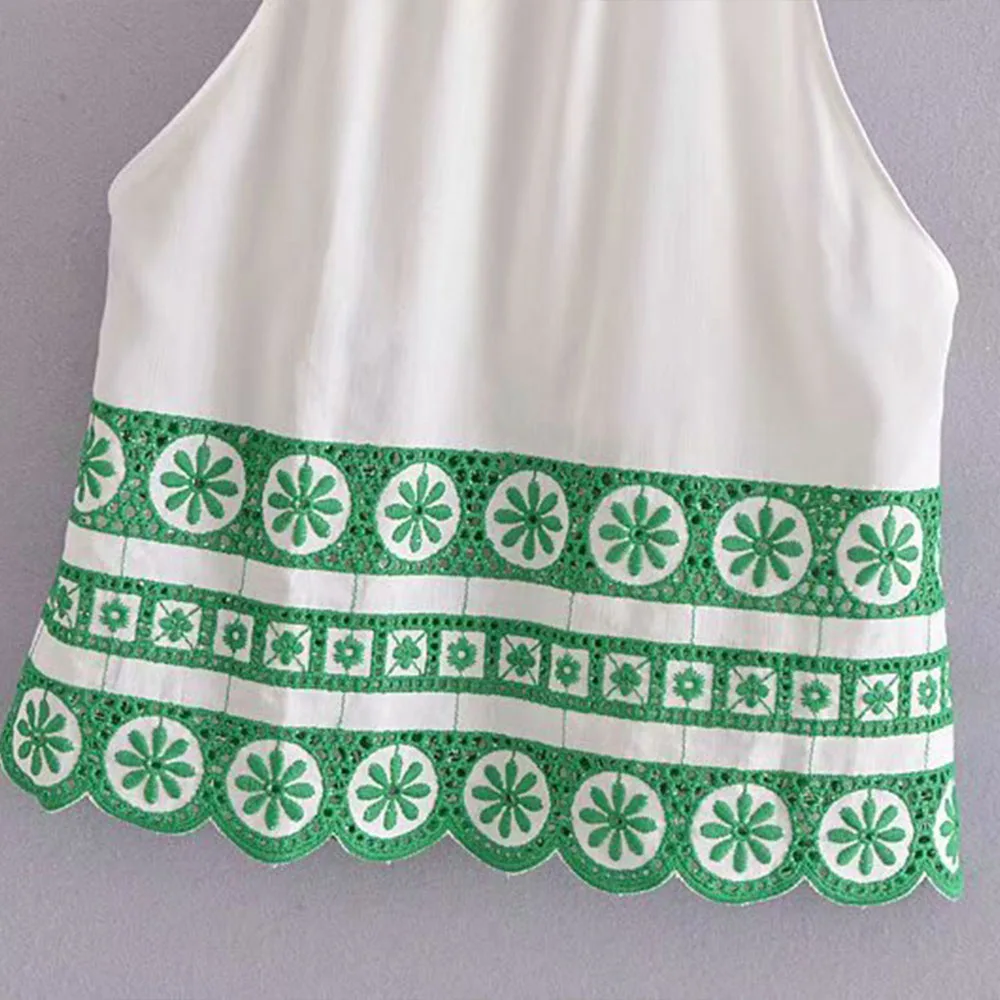 

2021ZA Women's European and American New Summer Sleeveless Hanging Neck Long Sleeve Flowers Thin Top Shirt T-shirt