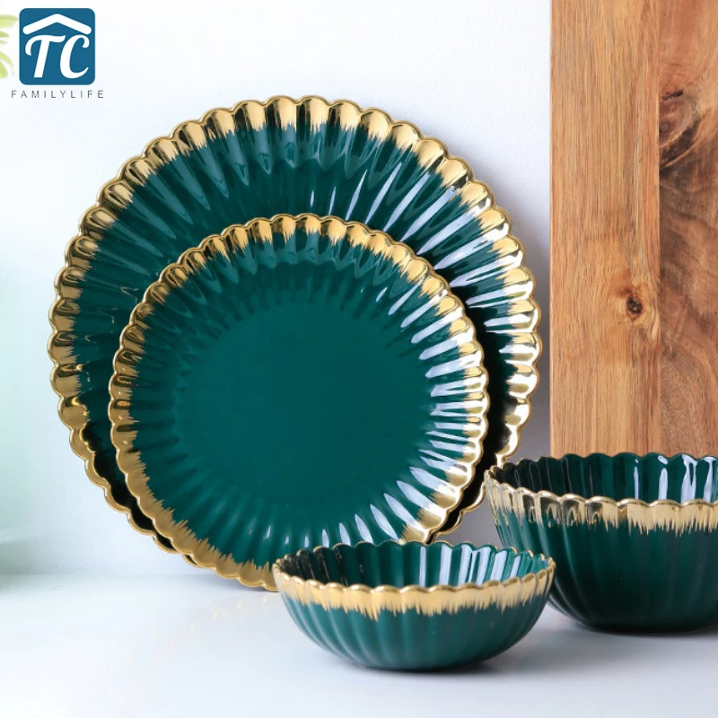 

Ceramic Phnom Chrysanthemum Penh Set Tableware Plate Nordic Green Glazed Plate Salad Bowl Western Food Ceramic Dinner Plates