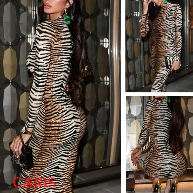 Женское сексуальное мини-платье с длинным рукавом леопардовое вечернее платье