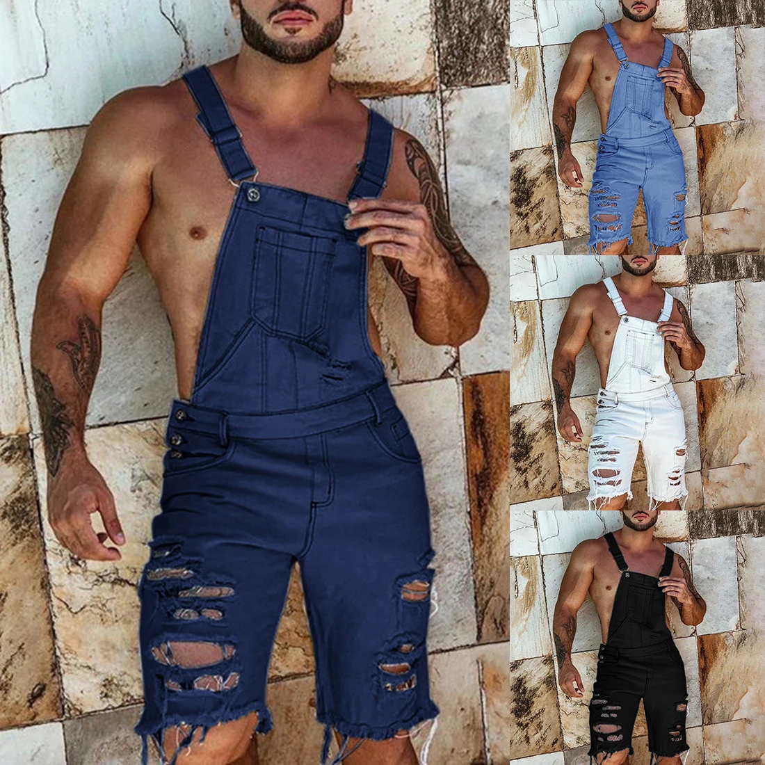 

LASPERAL 2020 Size Summer Men's Overalls Solid Color Ripped Denim Shorts Slim Fit Overalls Casual Pants