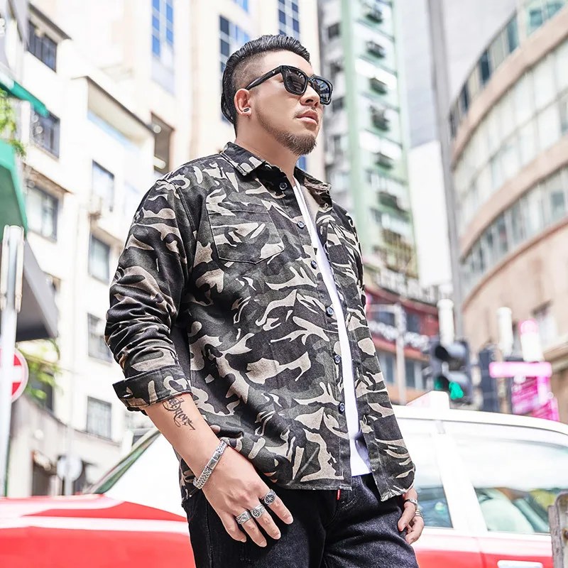 

2020 New tide brand Large size XXL-7XL Casual Camouflage Long-sleeved Shirt Autumn loose top Suitable for Men's weight of 140kg