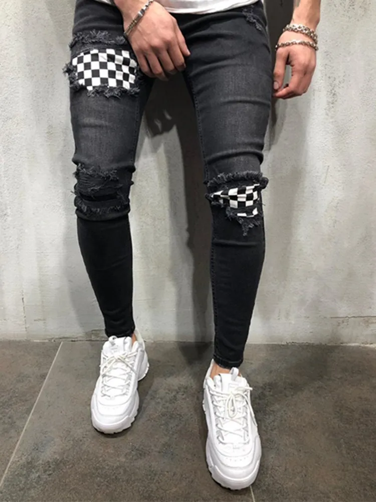 

New Fashion Men's Jeans Spliced Ripped Denim pants pencil Jeans Slim Patch Pants Plaid Pants Elastic waistline S-3XL