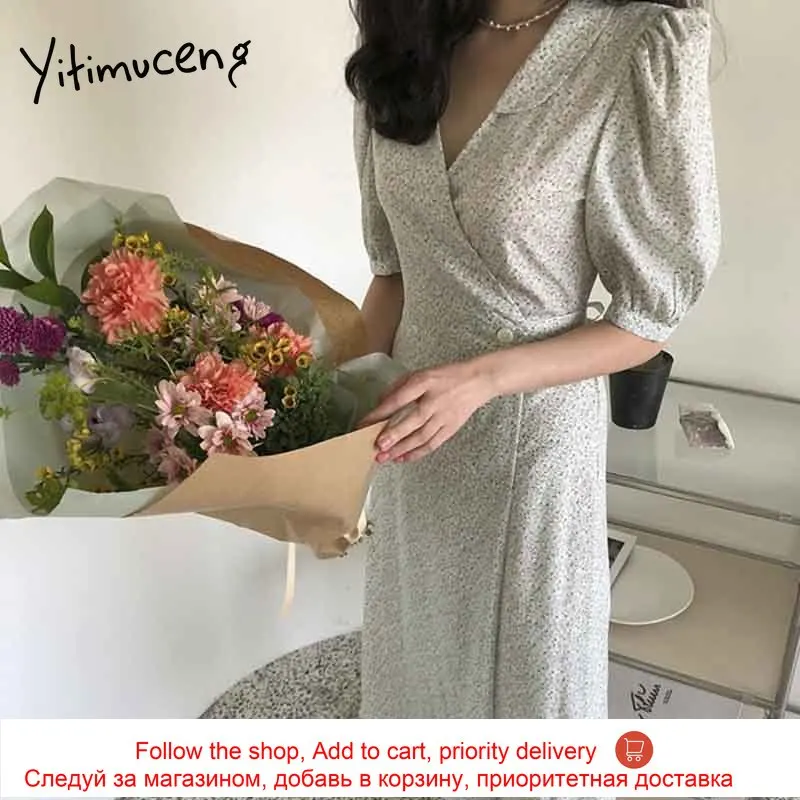 

Yitimuceng Boho Floral Print Dresses for Women Bandage Short Puff Sleeve Green Sundress 2021 Summer Korean Fashion Midi Dress