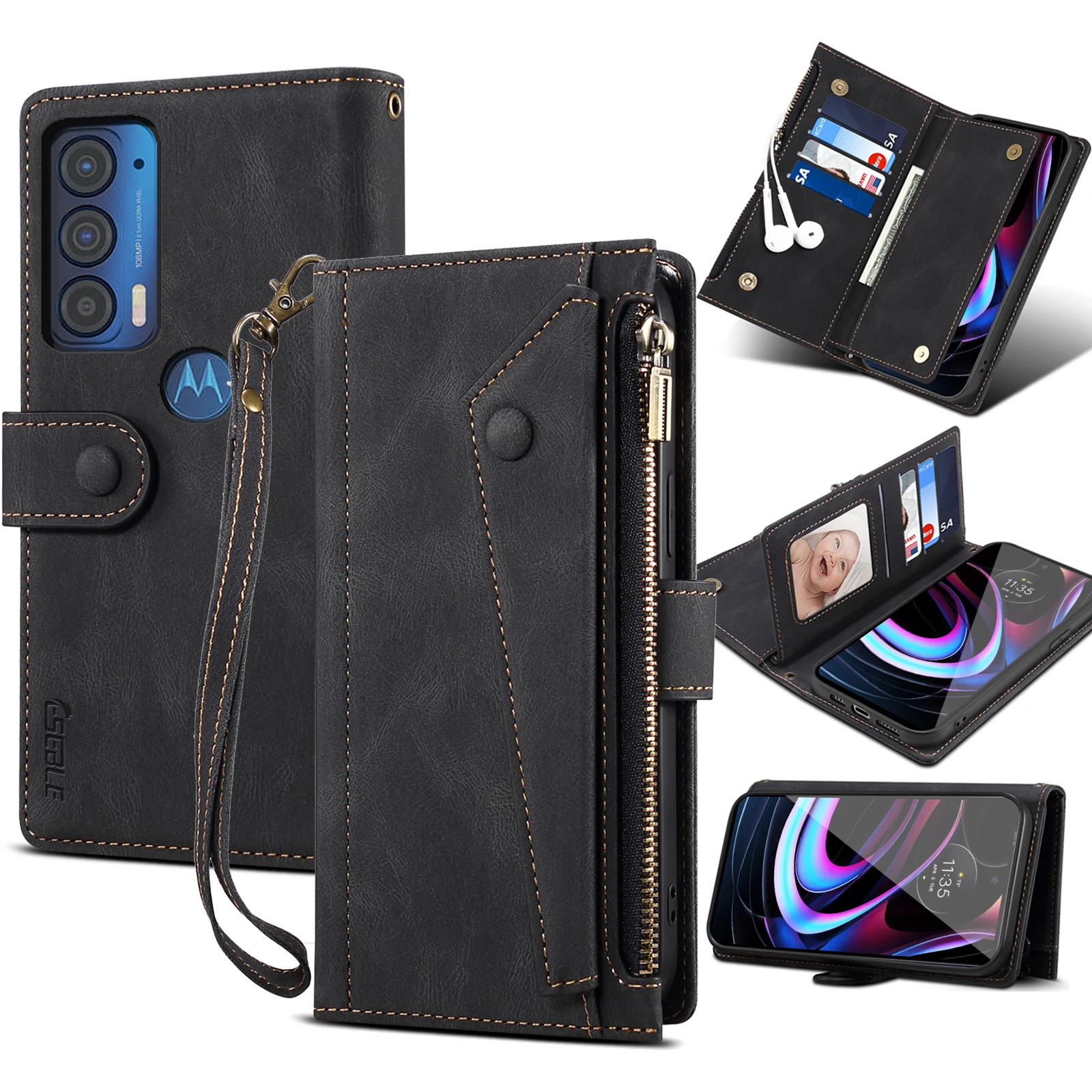 Wallet Flip Leather Case For Motorola Moto Edge 20 Pro Lite 30 Ultra Cover For Moto Edge 2021 S30 X30 Rope Luxury Zipper Capa