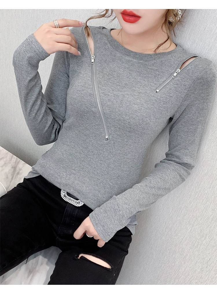 

Spring Zipper Deco Women T-shirts Femme Strechy Cotton T-shirts Lady Zipper Pullovers Tops