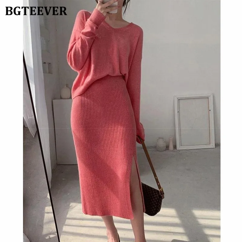 

Женский трикотажный комплект BGTEEVER, свитер с круглым вырезом и юбка-карандаш с Боковым Разрезом, зима 2021