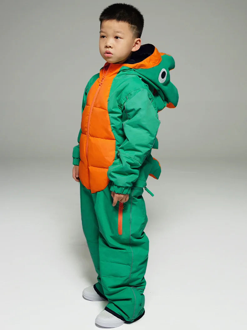 Children Cartoon Ski Suit Splittable for Men And Women Baby Thick Wind-Resistant Waterproof One-Piece Set Dinosaur | Спорт и