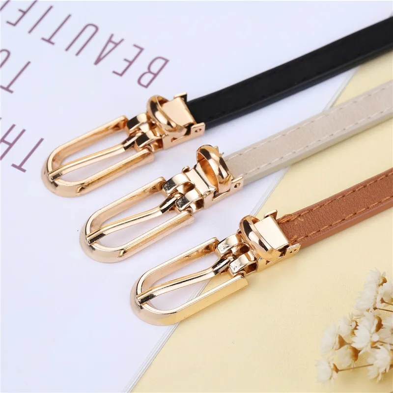 

Womens Thin Belts Skinny Leather Belt with Gold Alloy Buckle