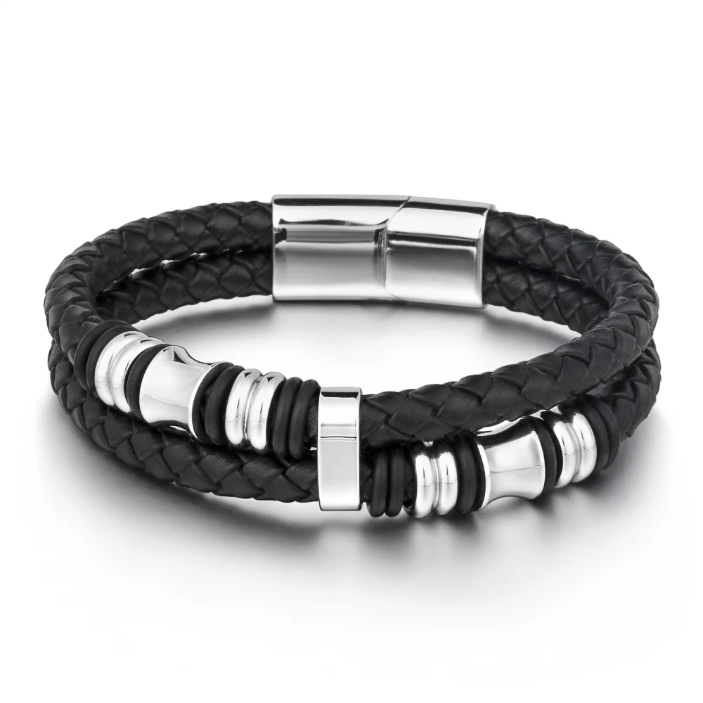 

Stainless Steel Accessories Magnetic Buckle Bracelet Wholesale Jewelry Titanium Steel Hand-woven Genuine Leather Men Gift