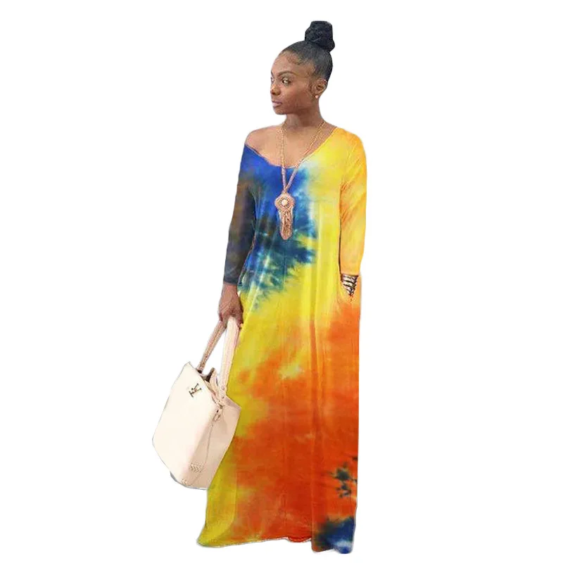 

Women's color tie-dye fashion loose multi-color long-sleeved dress large size color tie-dye fashion loose dress