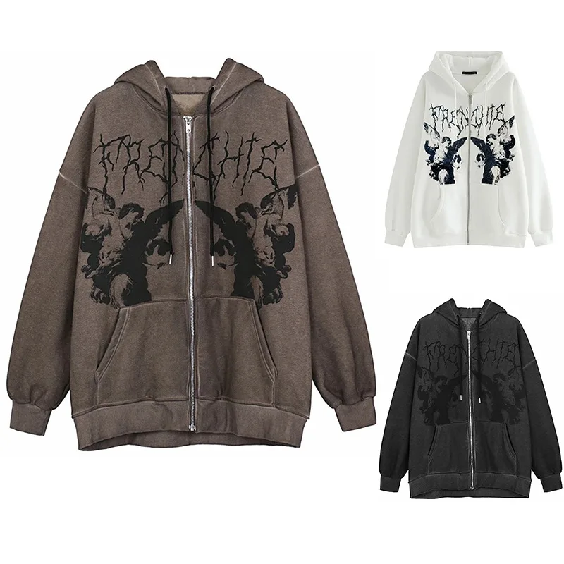 

Vintage Angel Print Oversized Hoodies Female Zip Up Autumn Winter Long Sleeve Women's Sweatshirt Y2K Aesthetic Grunge Streetwear